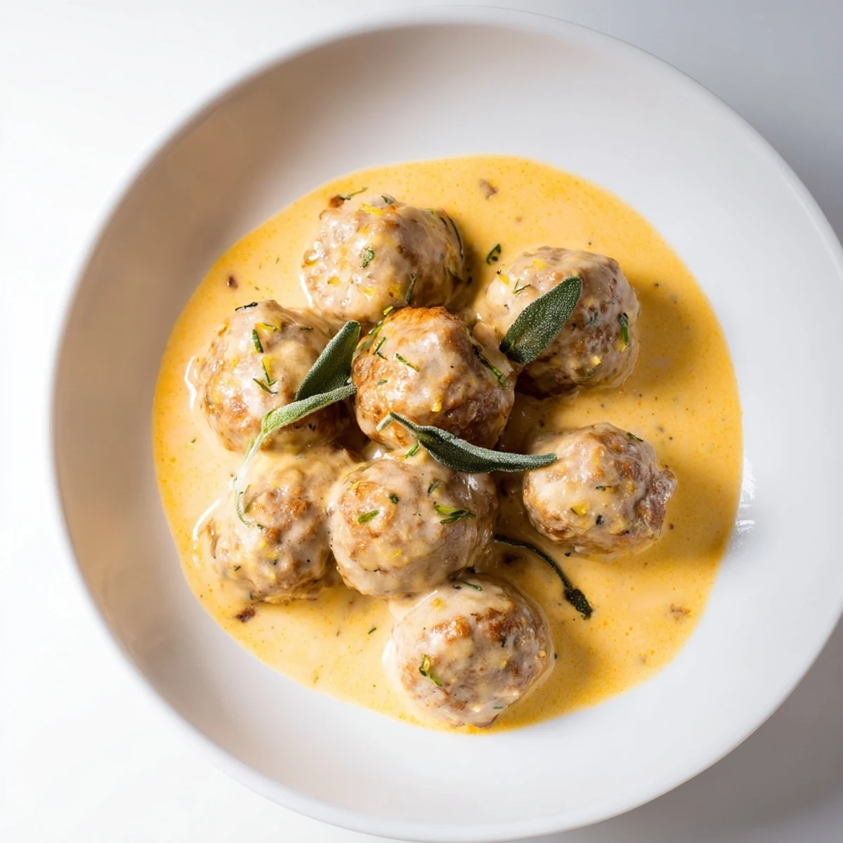 A warm, inviting shot of Turkey Meatballs with Pumpkin Sage Sauce simmered in a rich, flavorful sauce.