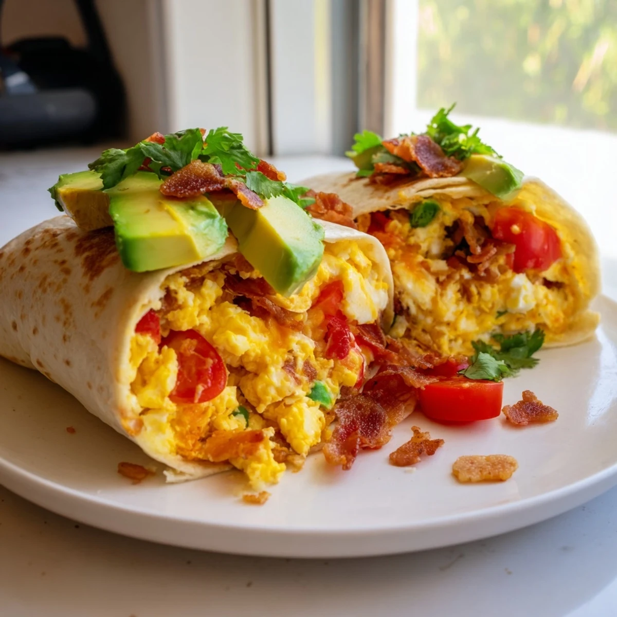 A close-up shot of Easy Festive Breakfast Burrito Wraps, brimming with colorful veggies and melted cheese.