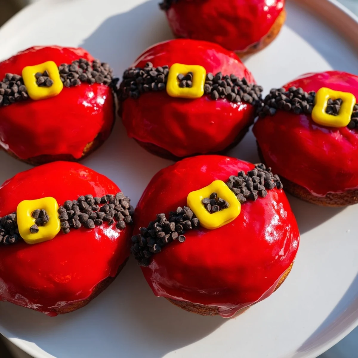 Warm, glazed Santa Belly Donuts, with vibrant red icing and chocolate belt details, ready to enjoy.