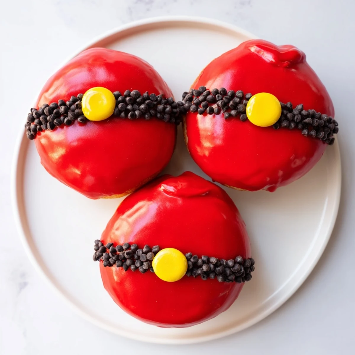 Freshly fried Santa Belly Donuts, beautifully decorated with a rich red glaze, perfect for a Christmas dessert.