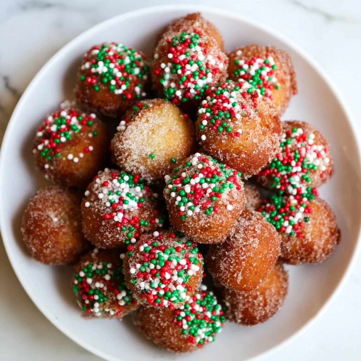 Close-up of baked Christmas donut holes, a delicious and easy air fryer dessert ready to eat.