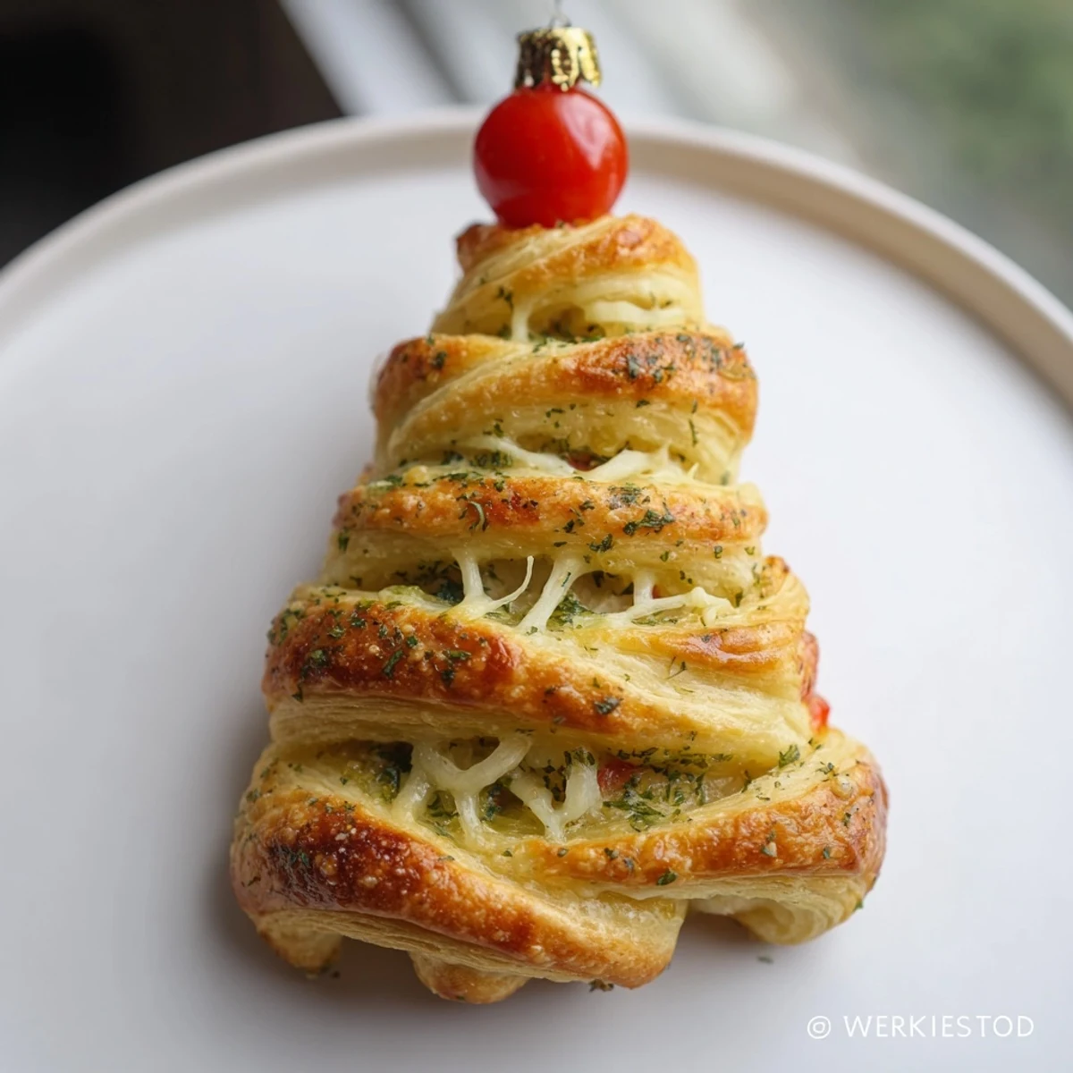 Golden, flaky Budget Christmas Crescent Roll Trees, baked to perfection, garnished with bright red tomatoes, a festive appetizer.