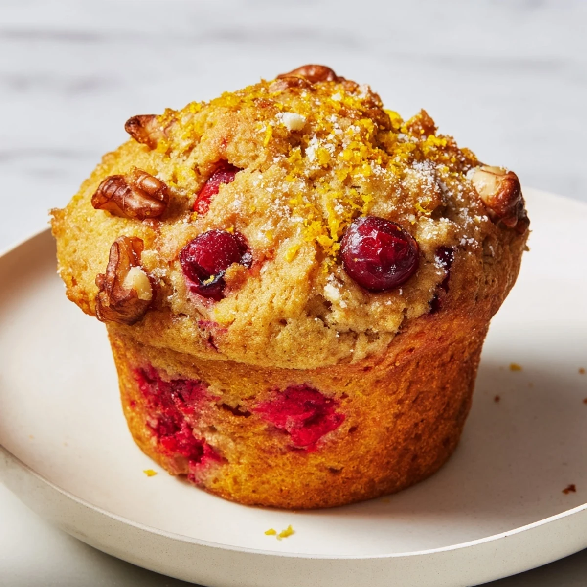 Golden-topped quick festive cranberry orange muffins, ready to eat, with tart cranberries in sight.