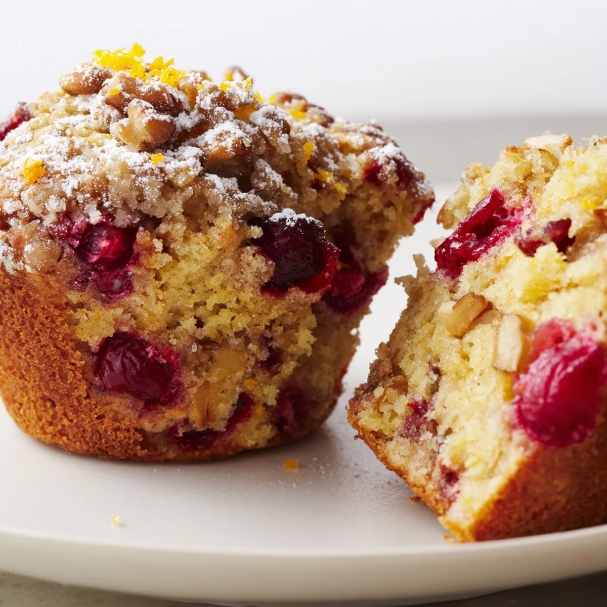 A warm, close-up of a delightful quick festive cranberry orange muffin, perfect for breakfast.