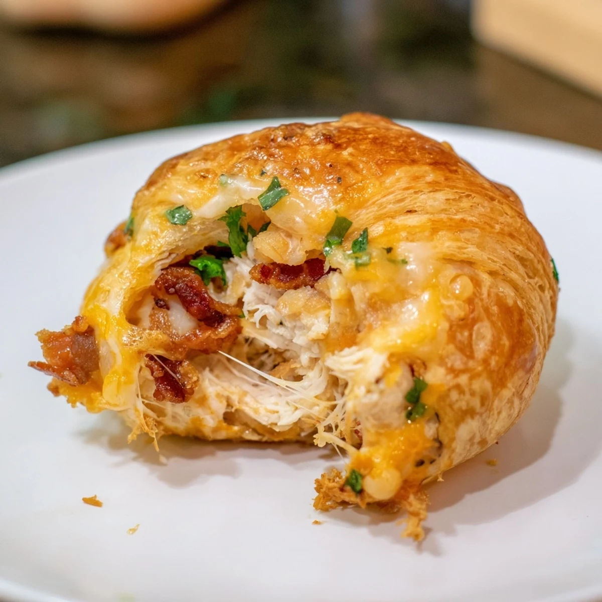 Golden-brown cheesy chicken and bacon crescent rolls, warm and oozing melty cheese, ready to eat.