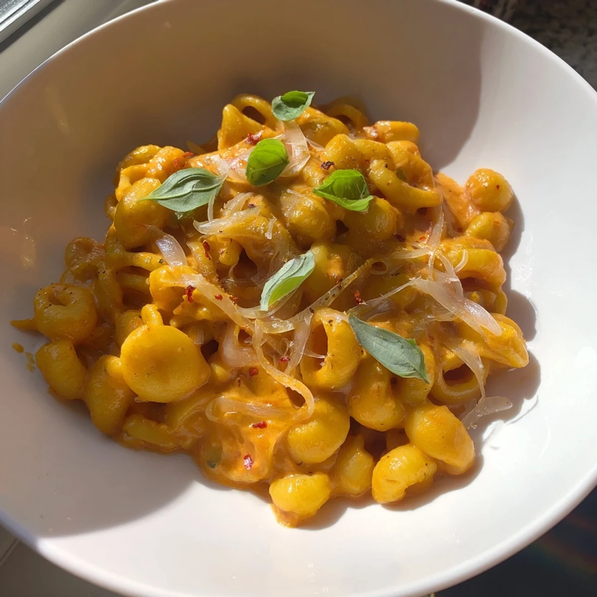 Creamy Spicy Vodka Sauce Ditalini, a vibrant Italian-American pasta dish, served with fresh basil.