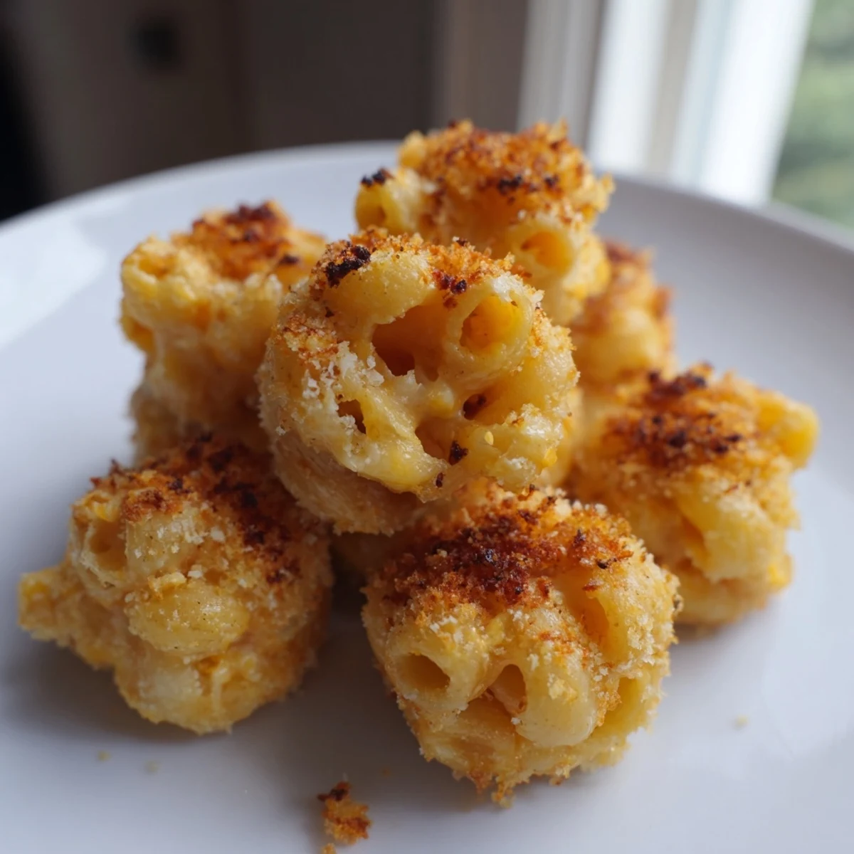 Golden, crispy ditalini mac and cheese bites, a perfect appetizer for sharing at a gathering.