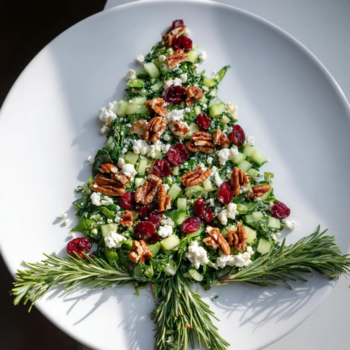Festive Cranberry & Feta Cheese Tree Dip Salad, a beautifully arranged appetizer featuring vibrant greens and red cranberries.