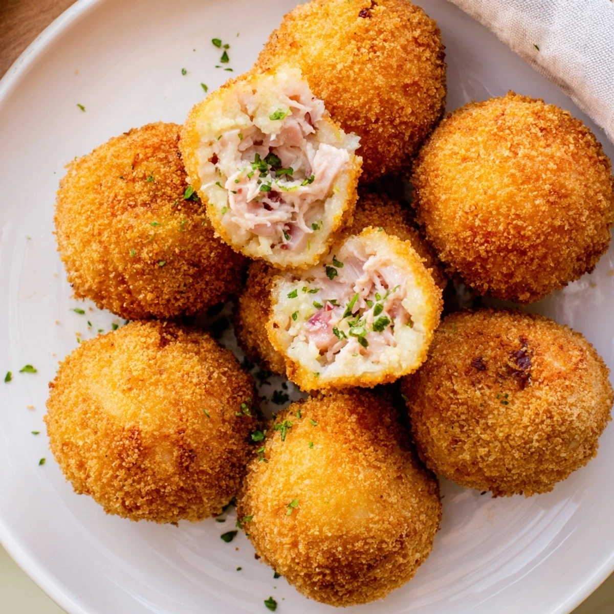 Golden, crispy Creamy Chicken & Rice Arancini Balls ready to be served, a satisfying Italian appetizer.