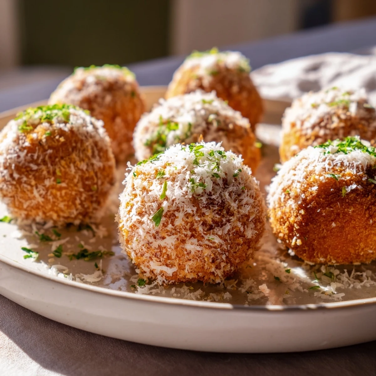 Close-up of freshly fried Creamy Chicken & Rice Arancini Balls: round and perfectly golden brown.
