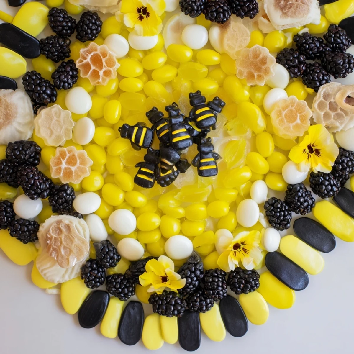 A beautifully arranged bumblebee candy board brimming with sweets and fresh berries for a party.