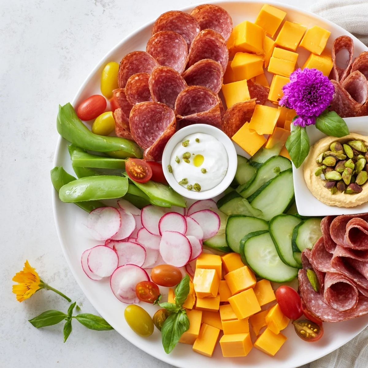 Dragonfly Dance Appetizer Tray showcases colorful vegetables, cheeses, and meats artfully arranged for serving.