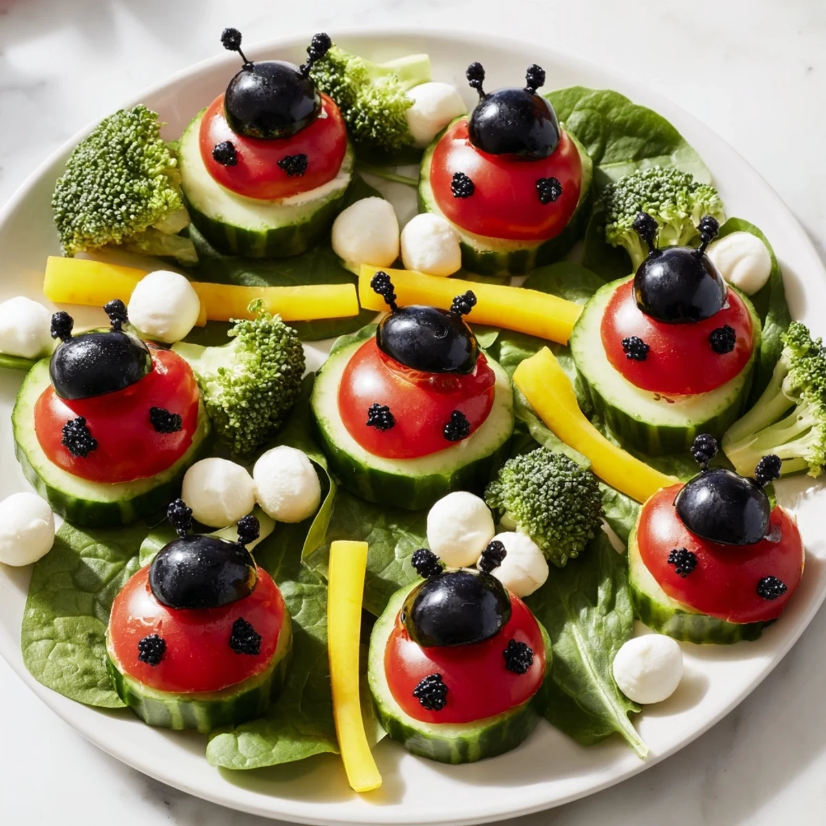 Whimsical Ladybug Garden Platter is beautifully arranged, featuring vibrant red ladybugs and fresh veggies.