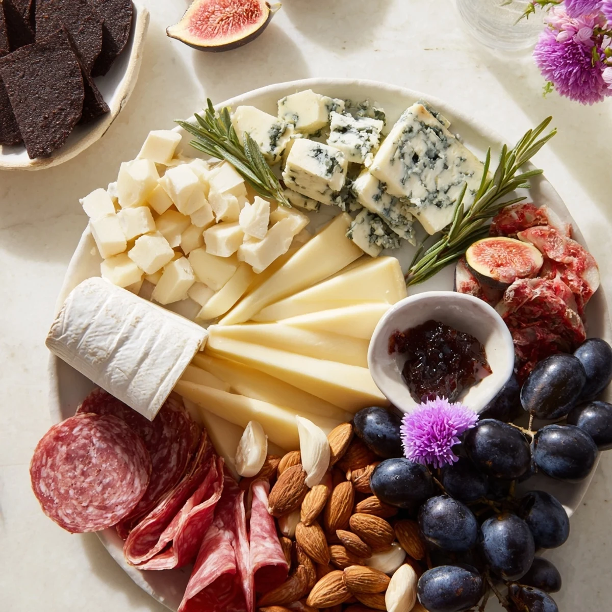 A beautifully arranged Celestial Night Board appetizer with cheeses, fruits, and sparkling dark chocolate.