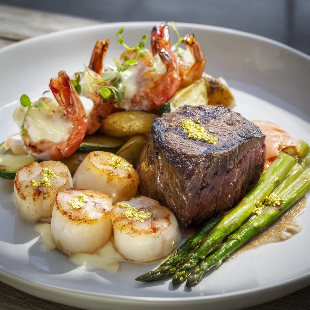 Elegant Golden Heart Luxury Platter arrangement showcasing seared filet mignon, scallops, and vibrant roasted vegetables.