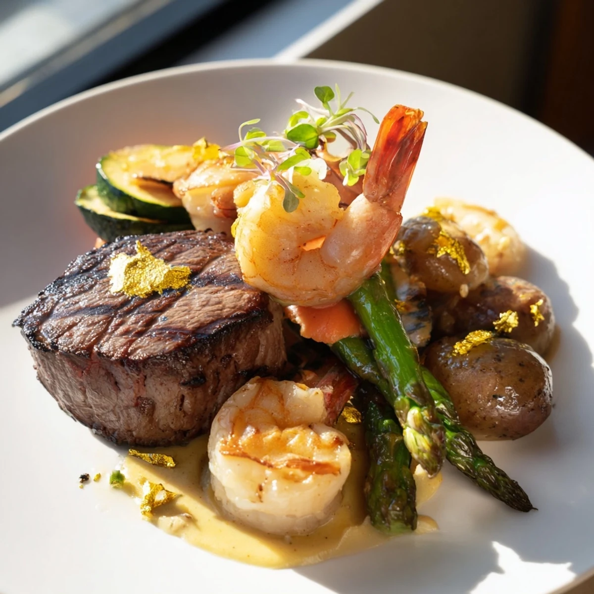 Glistening Golden Heart Luxury Platter, piled high with shrimp, smoked salmon, and a creamy, flavorful sauce.