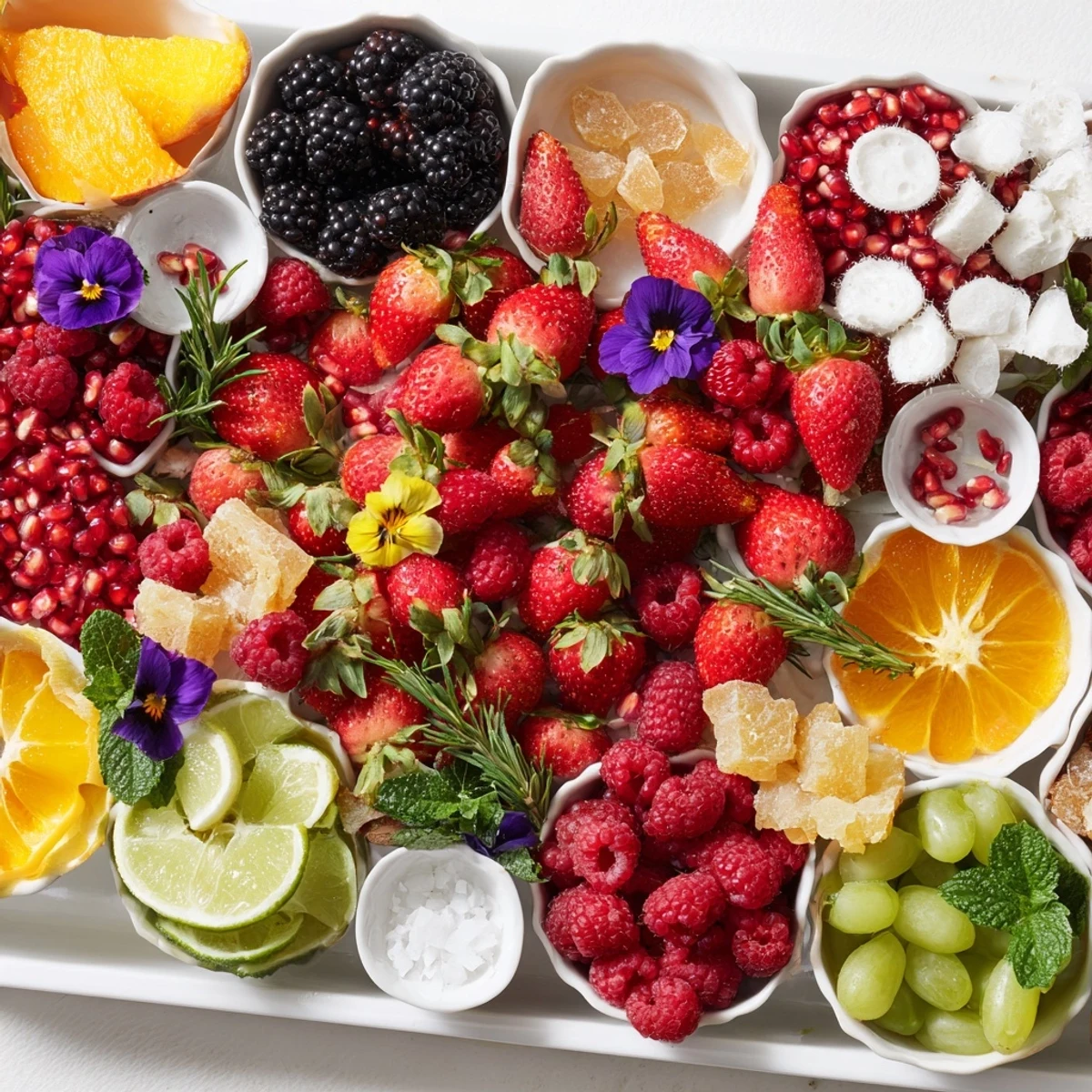 Vibrant Bubbly Bar New Years Eve Garnish Tray with colorful fruit, herbs, and treats for guests.