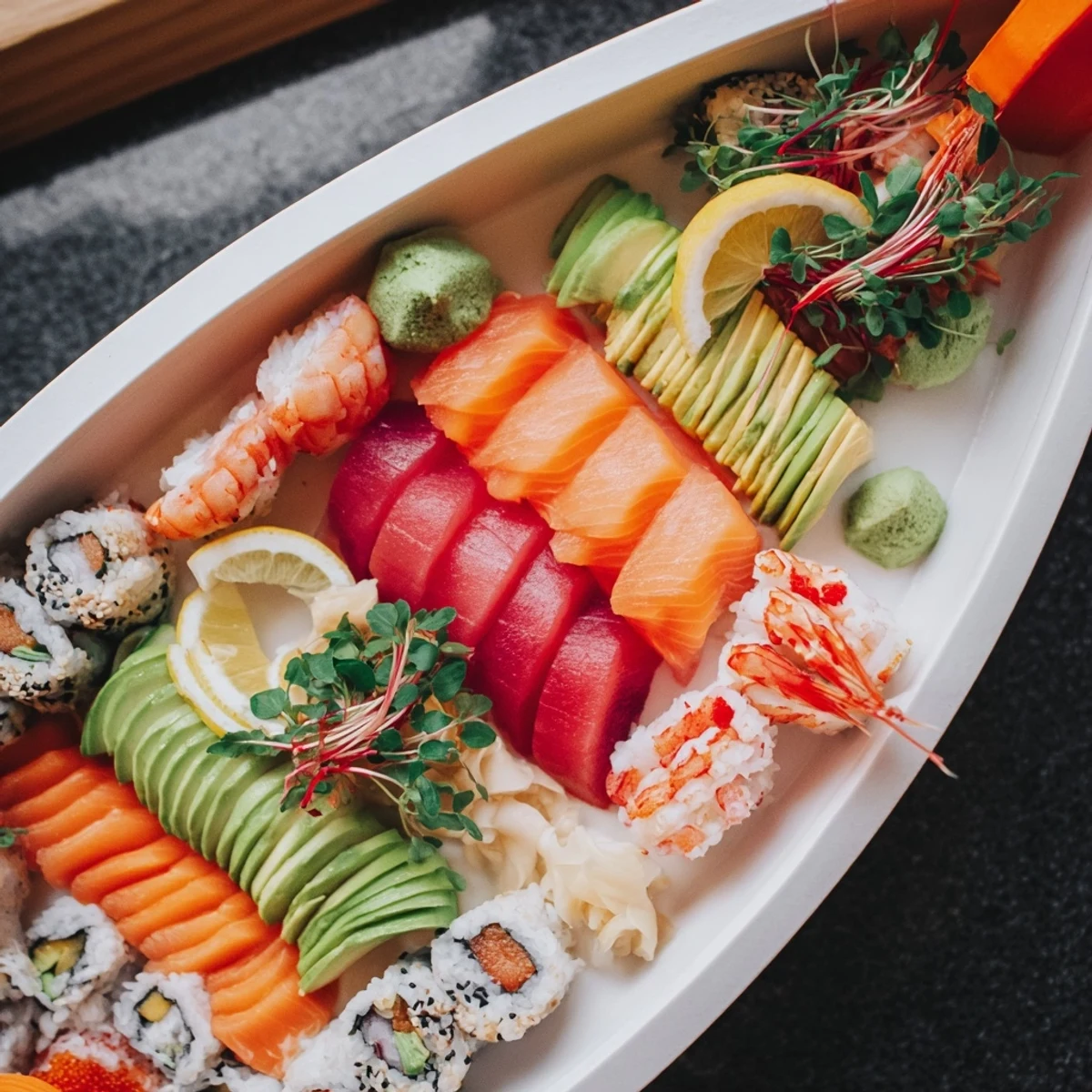 This Sail Away Boat-Shaped Sushi Platter boasts fresh salmon and tuna, ready for dipping in soy sauce with wasabi.