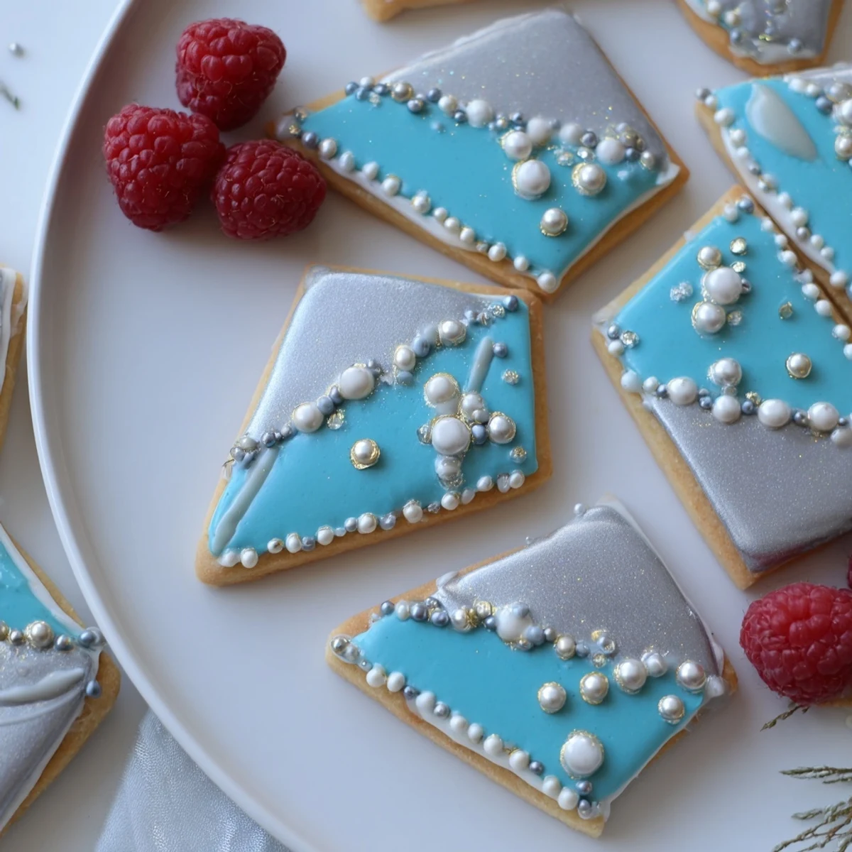 Engagement Ring Diamond Dessert Tray showcasing diamond-shaped cookies, shimmering icing, and fresh berries.