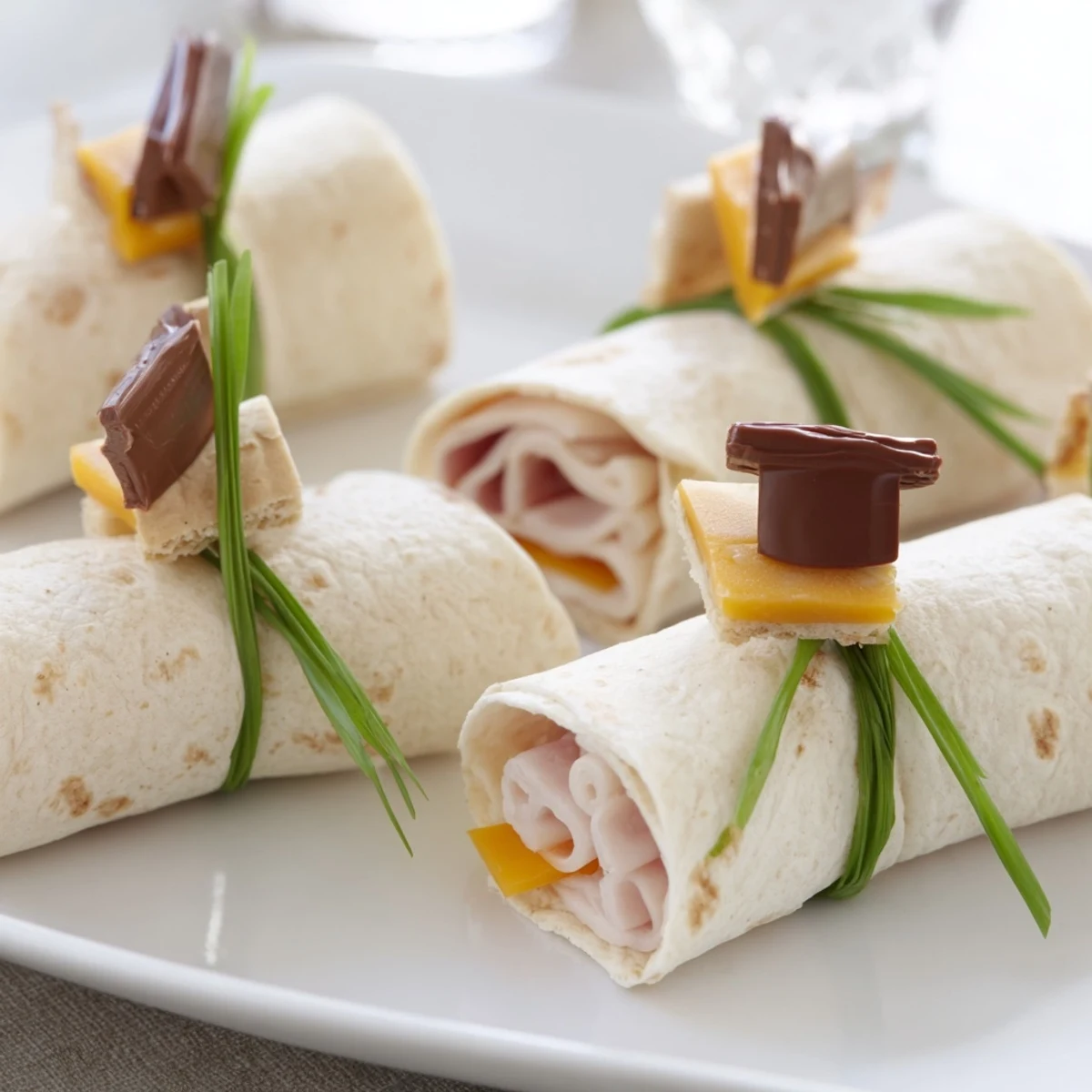 Close-up of savory Graduation Cap Diploma Snack Wraps, celebrating with festive edible flair and textures.