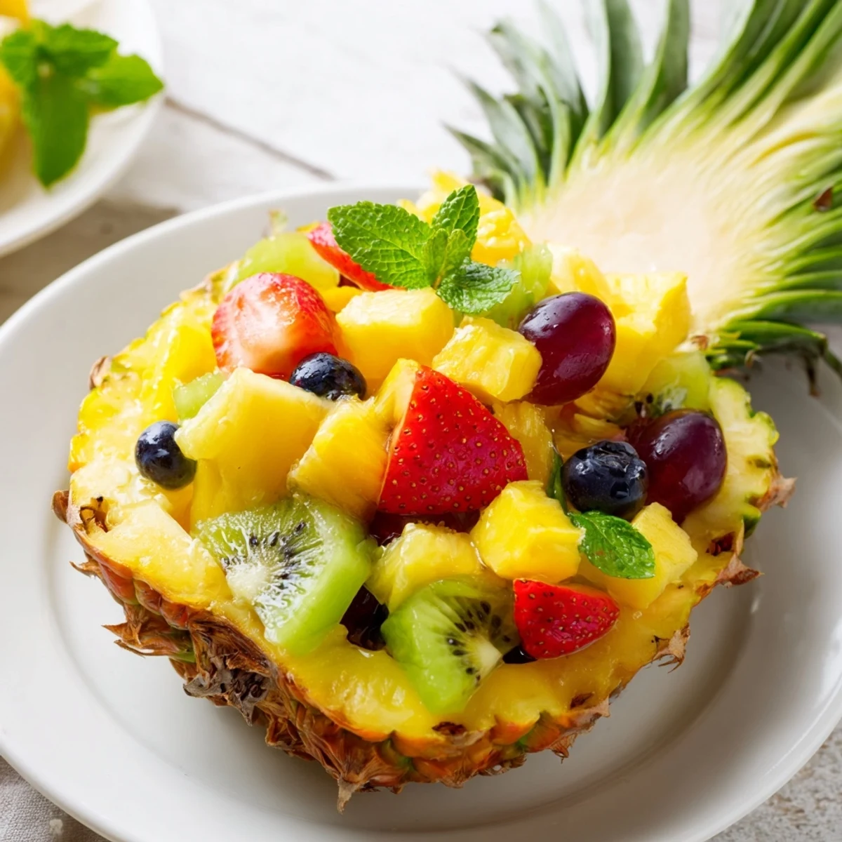 Vibrant Tropical Pineapple Fruit Boat overflowing with colorful fresh fruit, ideal for a summer dessert.