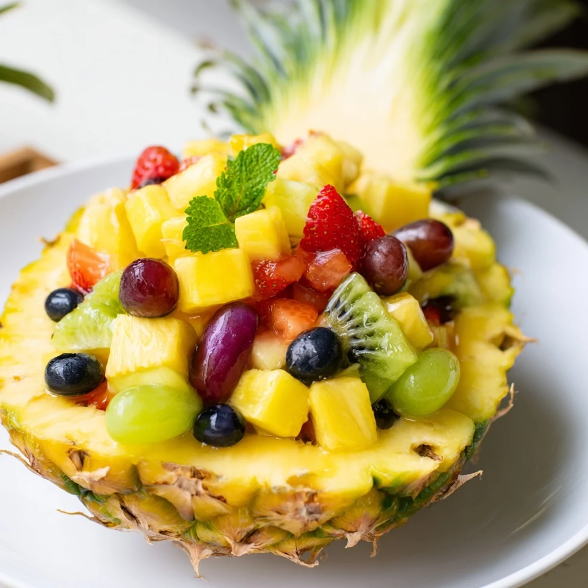 A refreshing serving of sweet Tropical Pineapple Fruit Boat, perfect for a sunny brunch or party display.