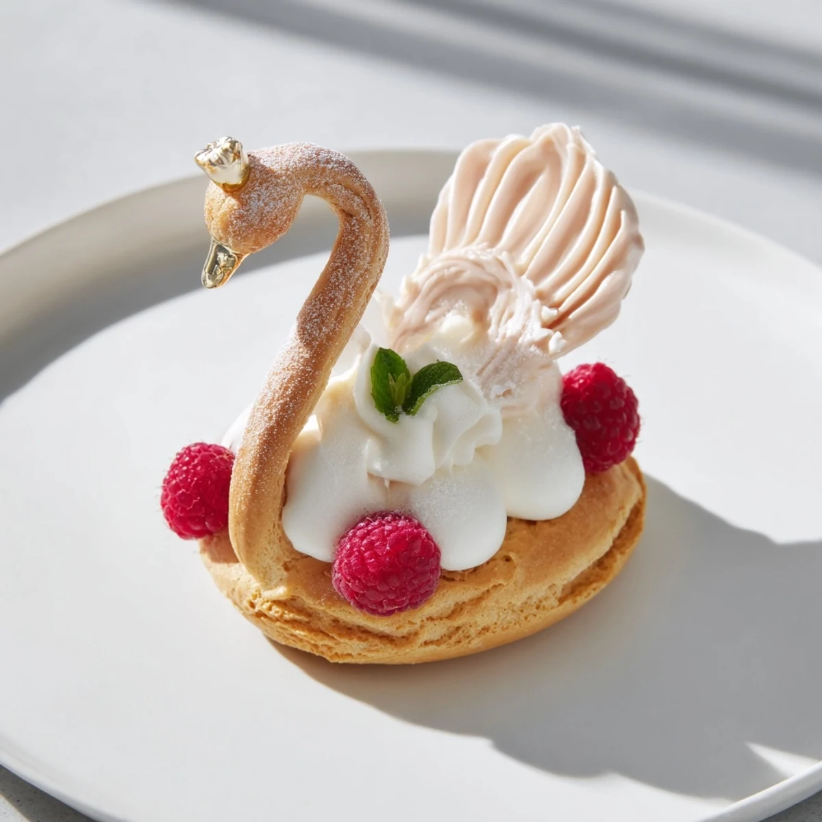 Elegant photo; Plateau Cygne Pâtisseries Aériennes on a platter, ready to be enjoyed with berries.