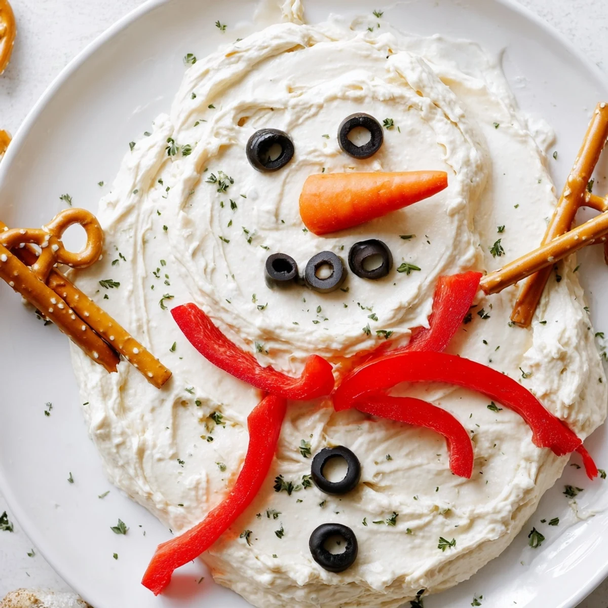 Melted Snowman Dip Bowl: a whimsical appetizer with a creamy base and olive eyes, perfect for your winter party.