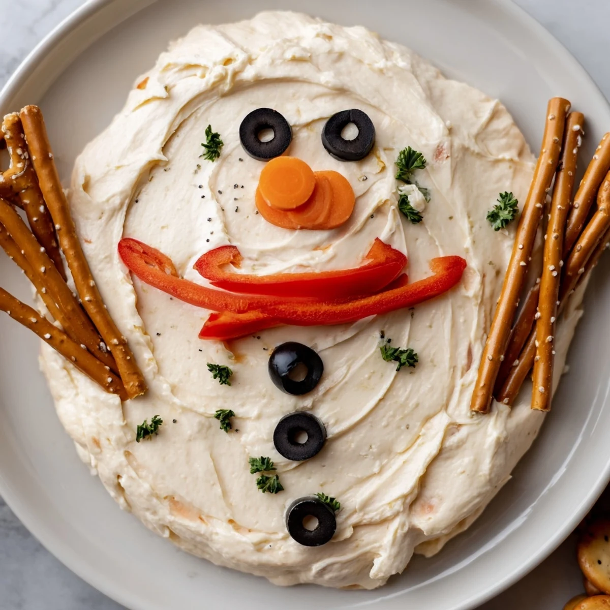 See the cheerful, melted face: a creamy Melted Snowman Dip Bowl, complete with carrot nose and pretzel arms.