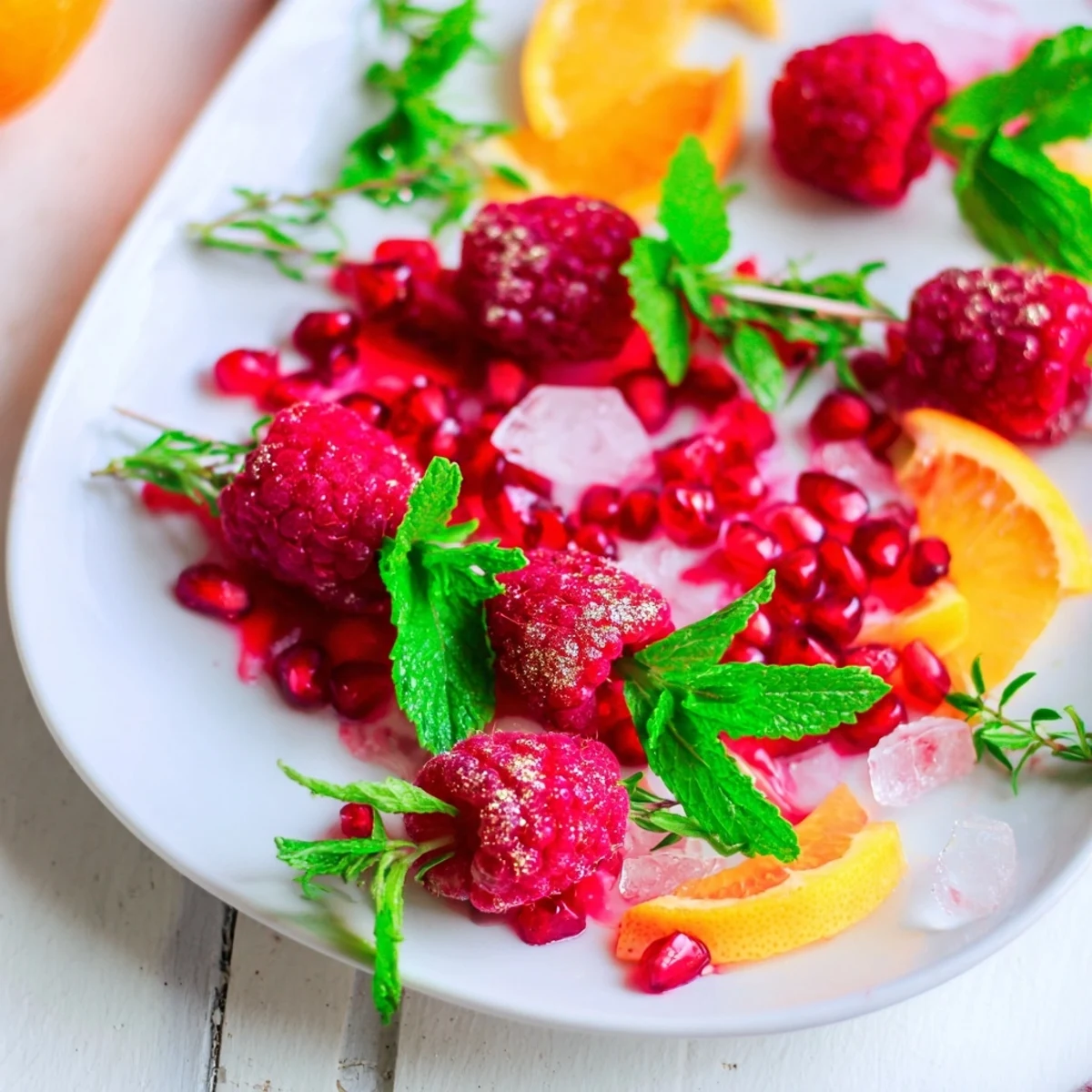 Vibrant Baisers de Minuit cocktail garnishes with sugared citrus, berries, and chocolate shavings sprinkled.