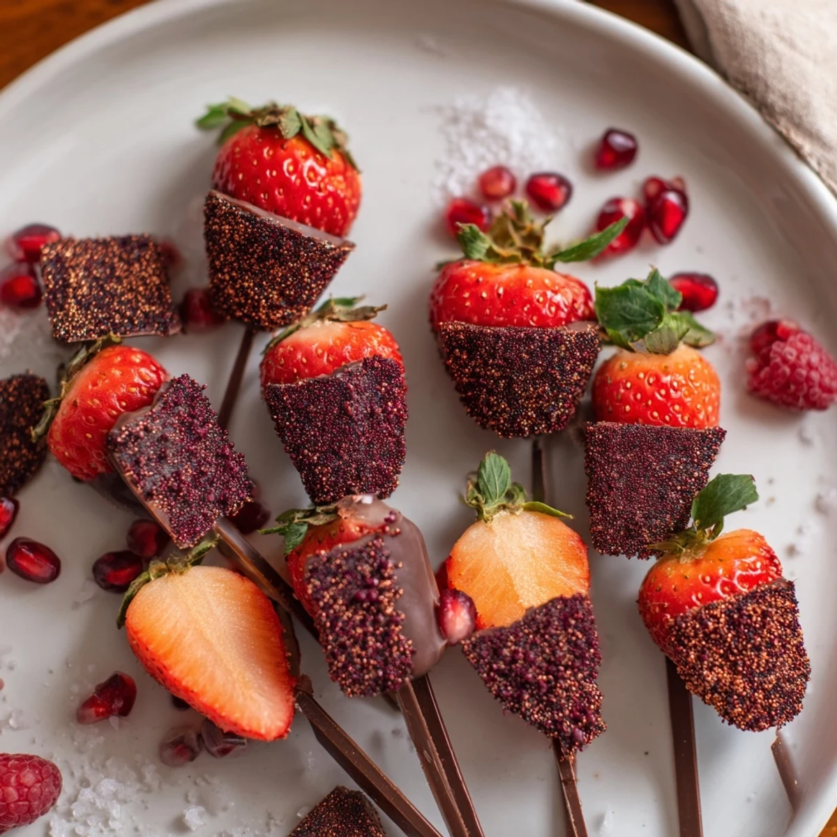 Delightful Baisers de Minuit, a French-inspired garnish, adding elegance with fruit and gold glitter.