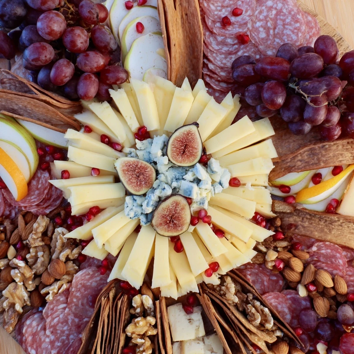 Éclat d’Étoiles Planche de Noël: A stunning Christmas charcuterie board with cheeses, meats, fruit, and nuts.