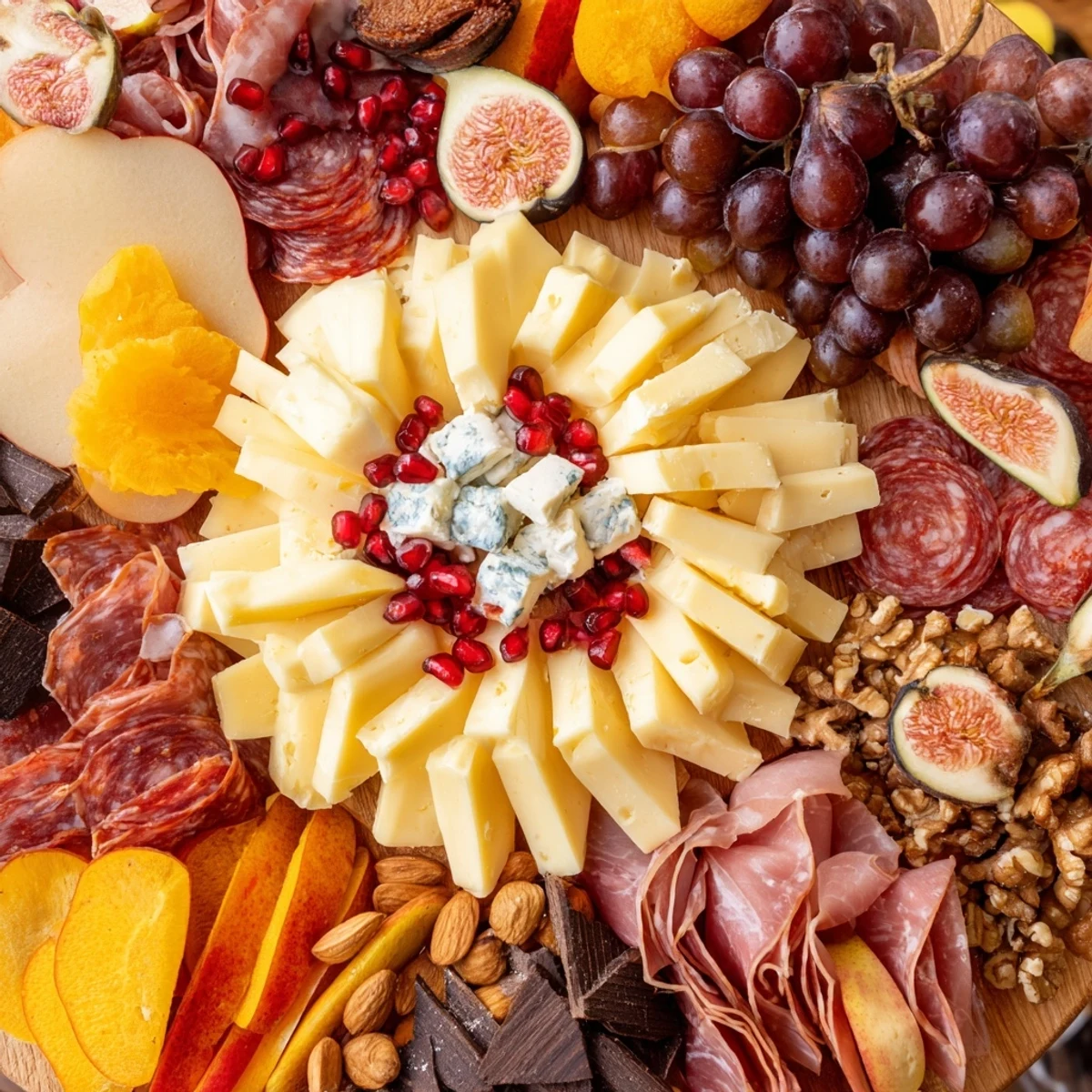 A beautifully arranged Éclat d’Étoiles Planche de Noël overflowing with delicious cheeses, meats, and fruit.