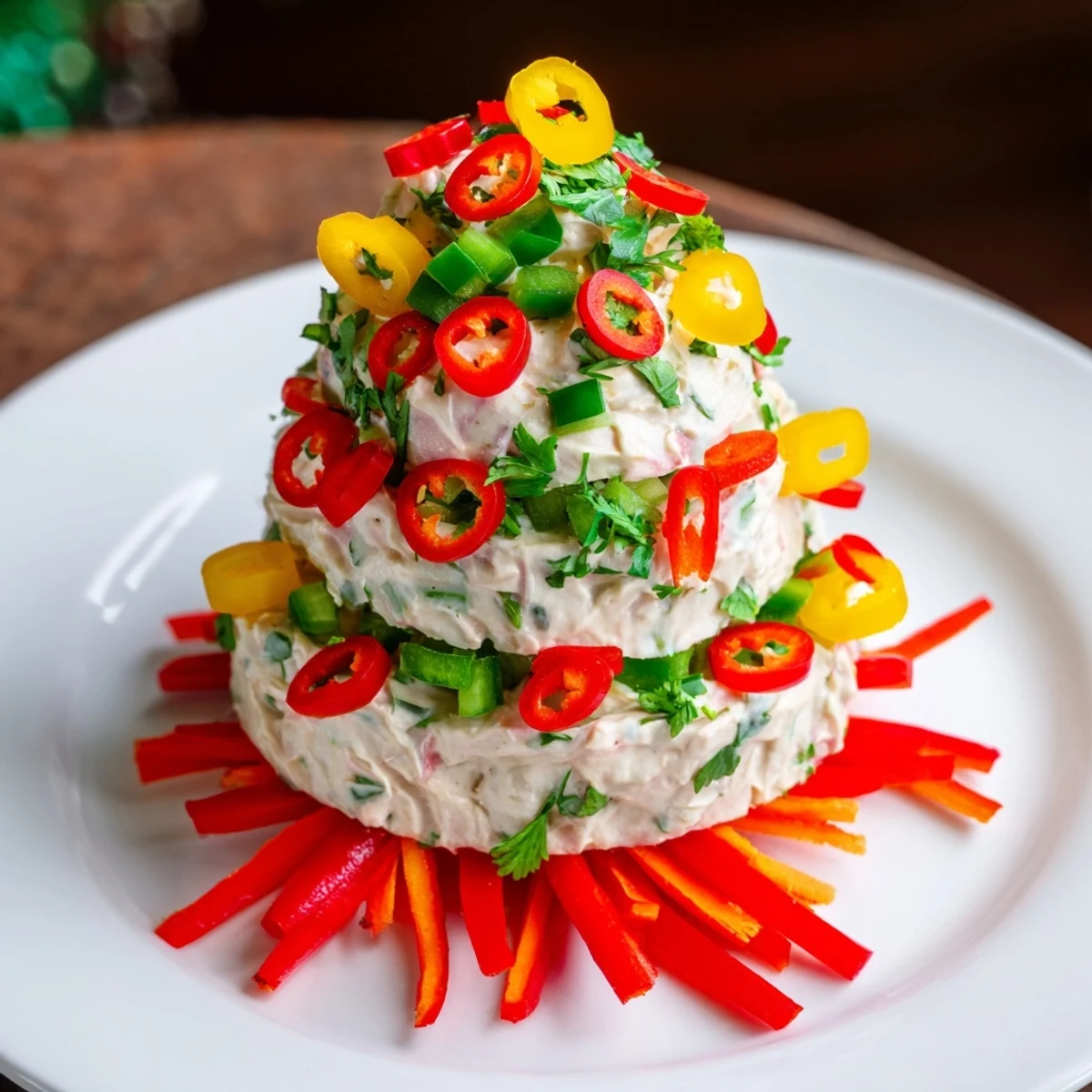 Vibrant Chili Pepper Christmas Tree Dip: Creamy cheese base adorned with chili pepper "garlands" and colorful peppers.