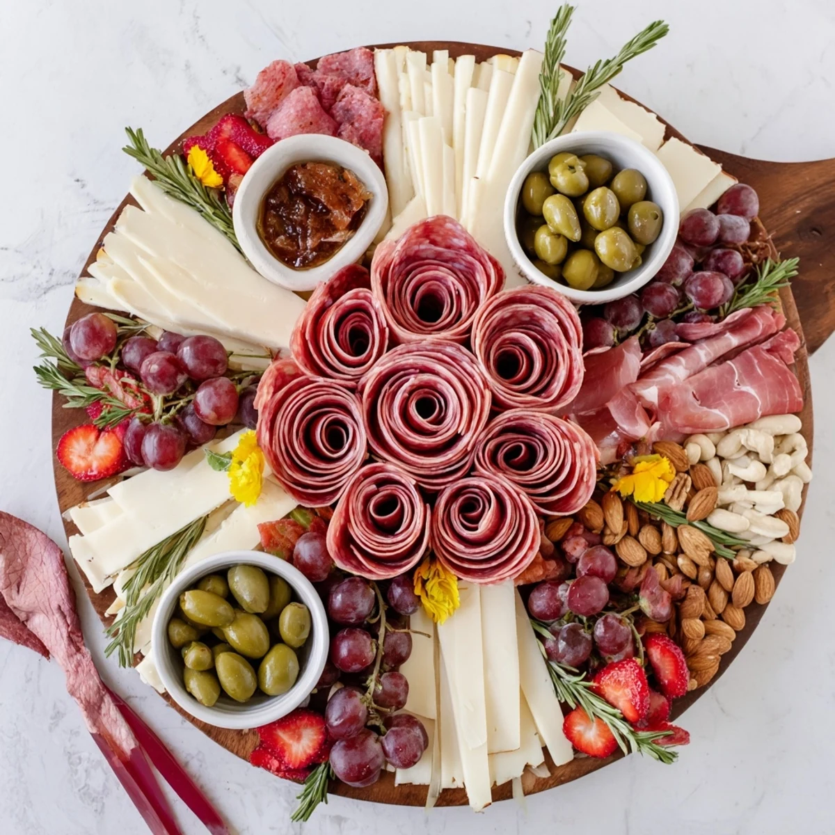 Delectable Meat and Cheese Rose Garden Board showcasing cured meats, cheeses, and colorful fresh fruits arranged beautifully.