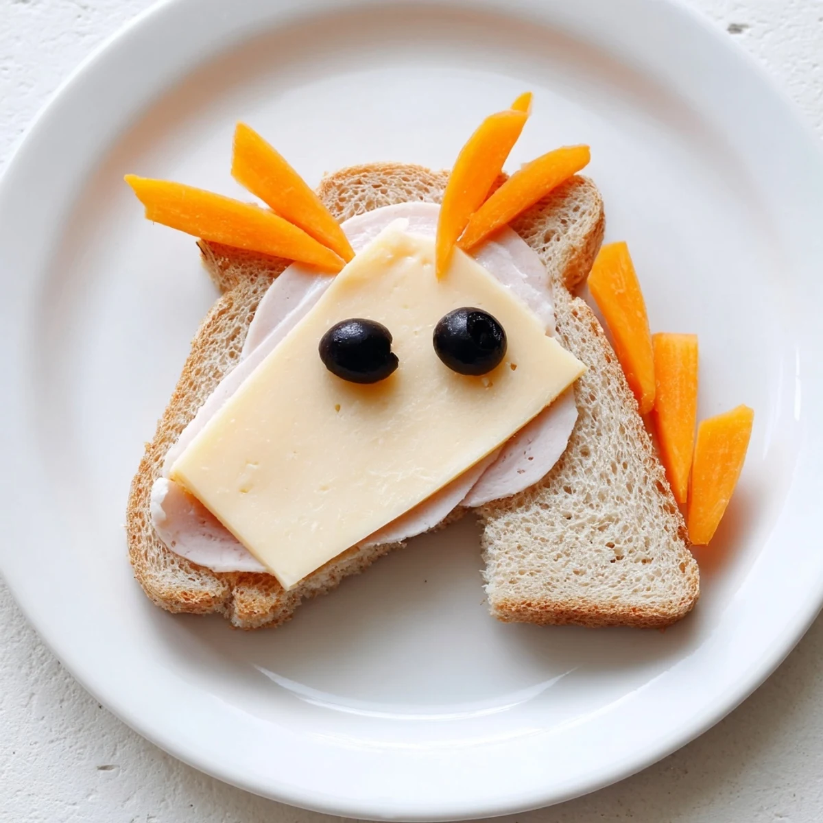 Creative Horse Head Sandwich Cutouts: A close-up shows the fun horse face shapes with olive eyes and carrot manes.