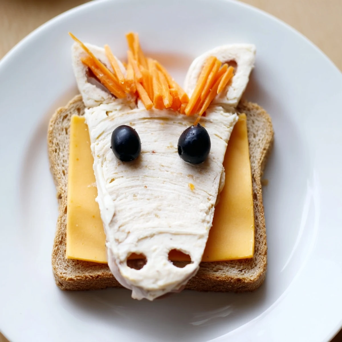 Horse Head Sandwich Cutouts: A finished, smiling horse head sandwich, ready for a kid's lunchbox.