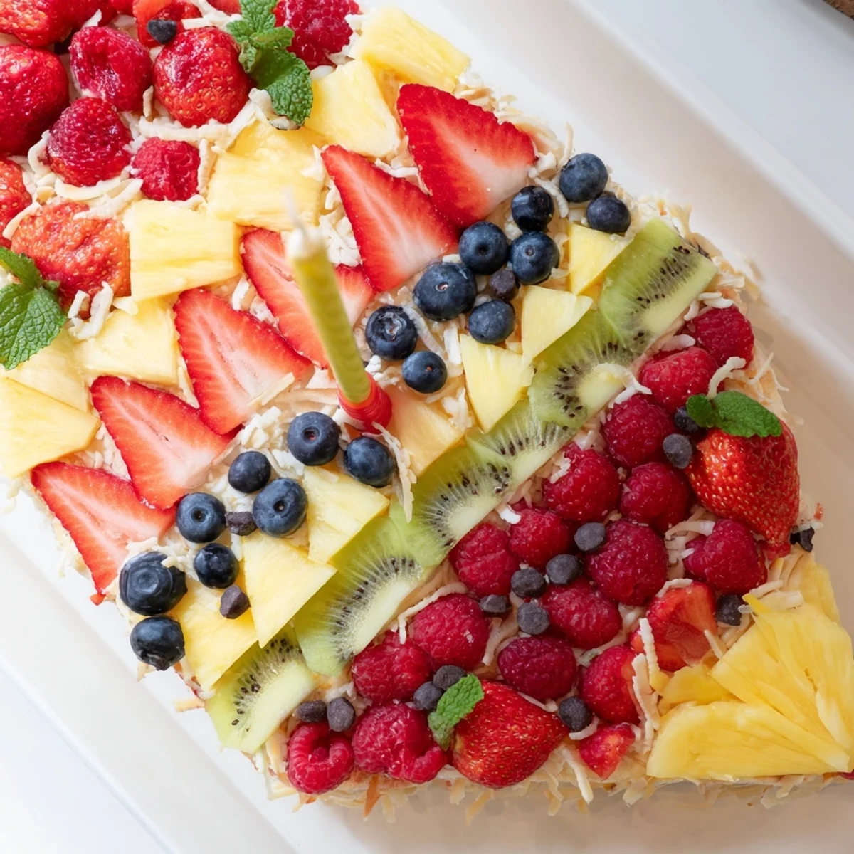 Delicious, refreshing Birthday Board: Cake Slice filled with colorful fruit, ready to serve and enjoy at parties.