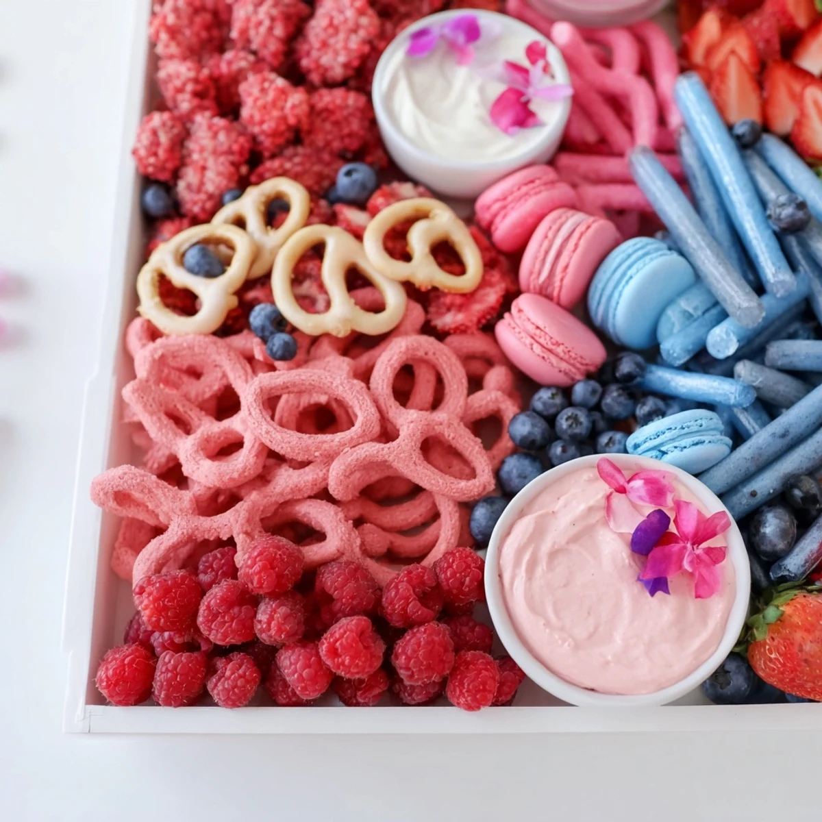 A colorful baby reveal snack board offers pink and blue treats for a festive celebration.