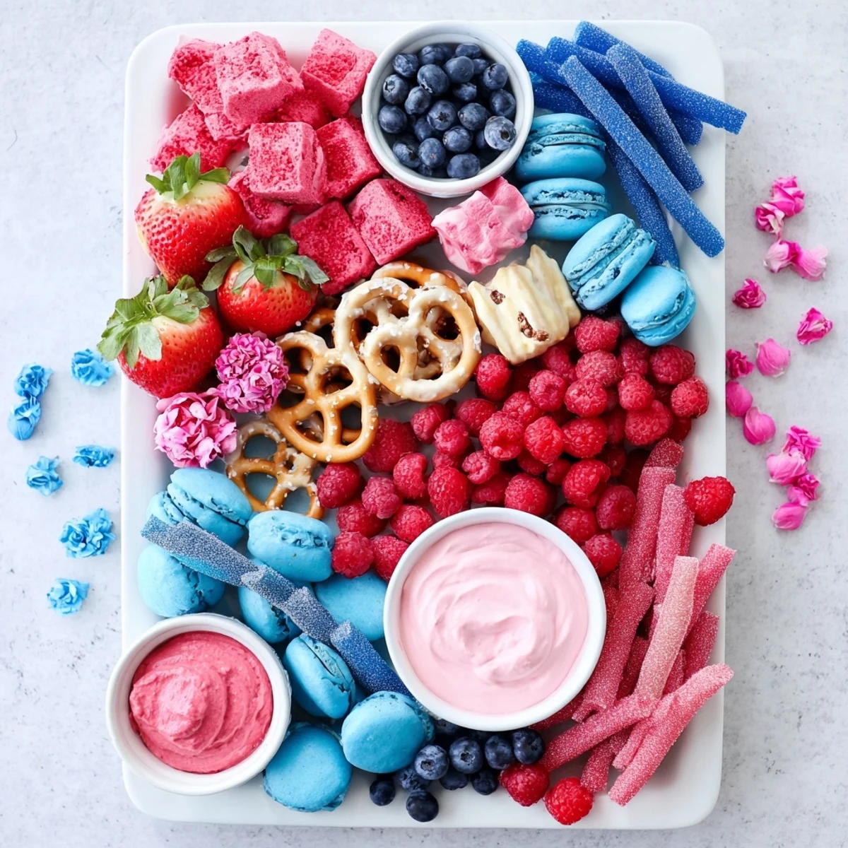 Vibrant pink and blue themed snack board, featuring fresh fruit, pretzels and sweets, ready to serve.