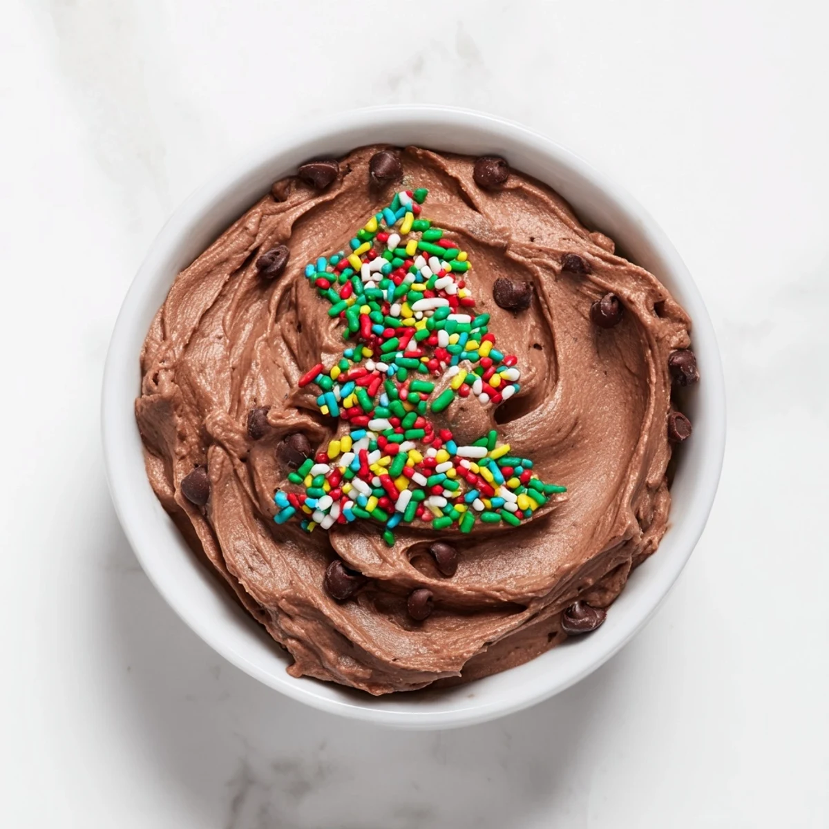 A creamy Festive Tree Brownie Dip with chocolate chips and sprinkle decorations, ready to be enjoyed with dippers.