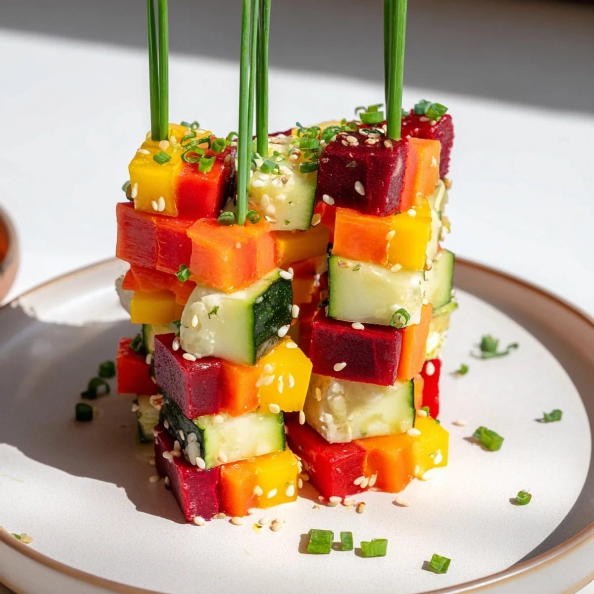 Delicious Stacked Gift Box Veggie Cubes, garnished with chives and sesame seeds, perfect party finger food.