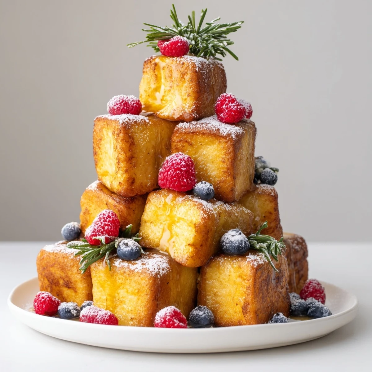 A festive holiday brunch scene: Stacked Eggnog French Toast Bites, coated in powdered sugar and berries.