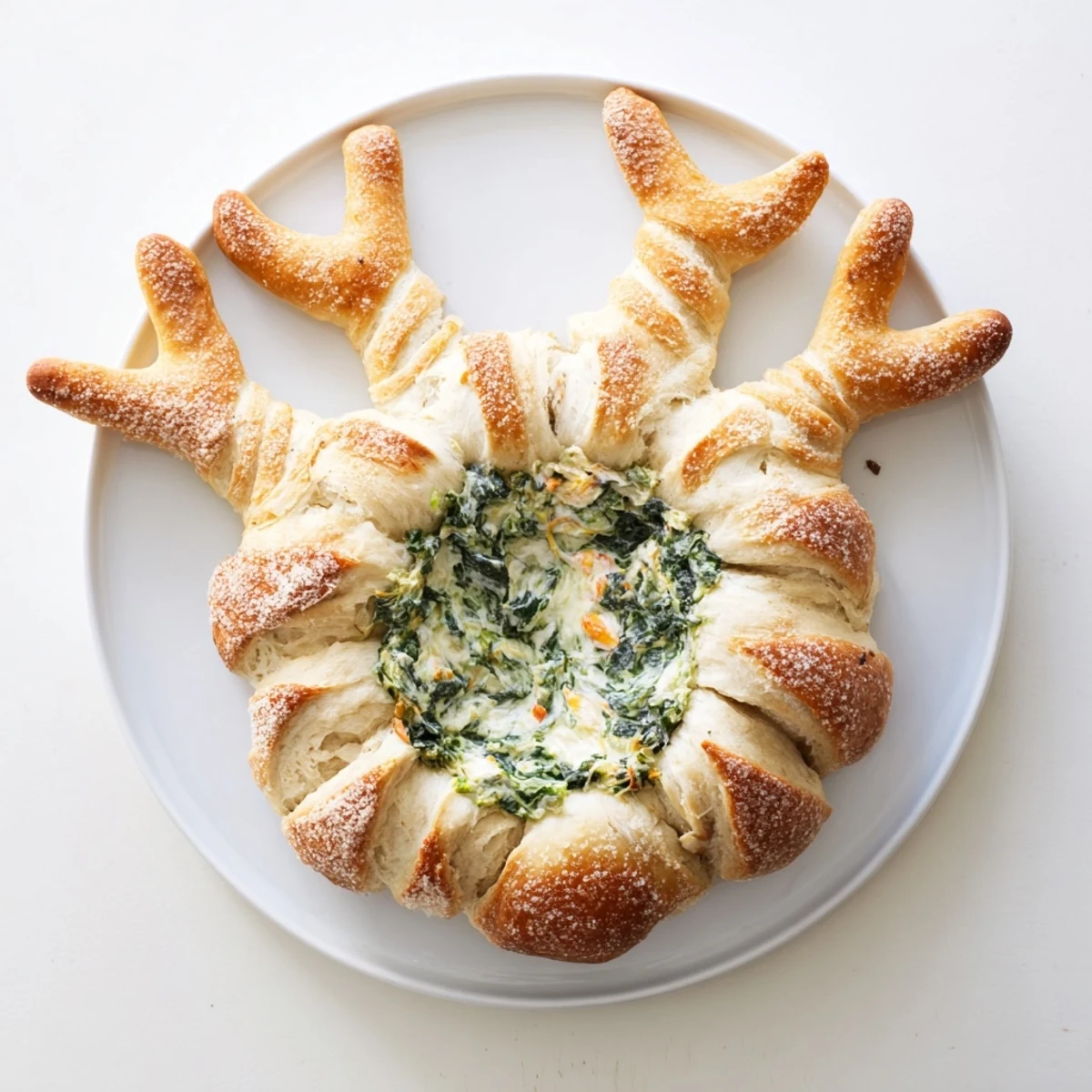A close-up of a festive Reindeer Antler Spinach Dip Ring, oozing creamy, savory goodness.