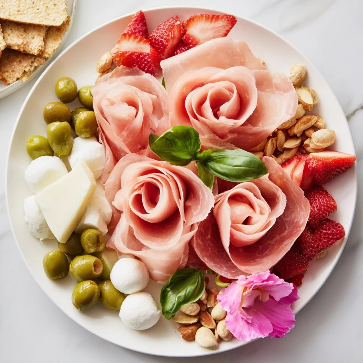 Prosciutto Rose Bouquet Board: A beautiful appetizer arrangement with delicate prosciutto roses and vibrant fruits.