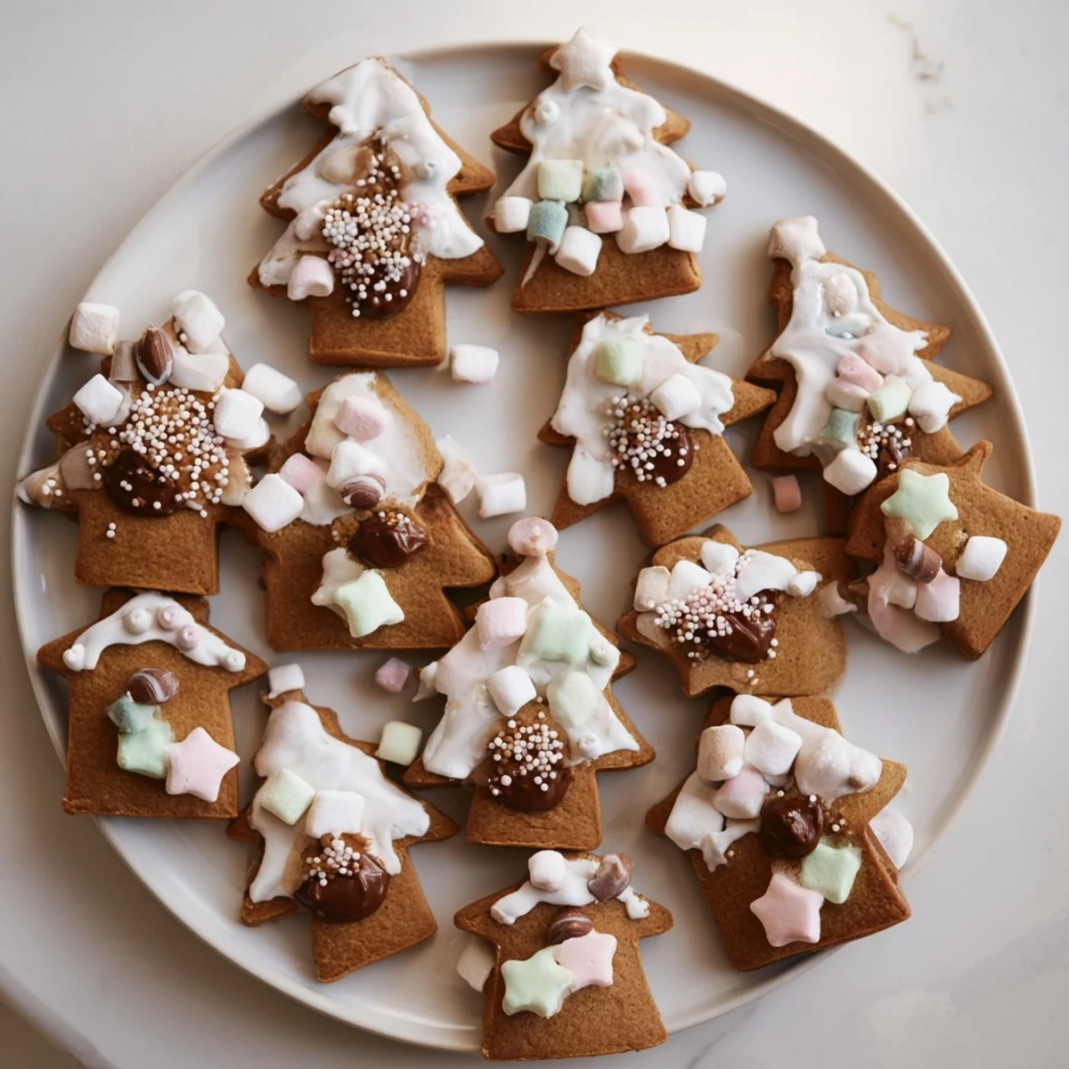 Festive gingerbread village dessert spread featuring decorated gingerbread cookies, colorful candies, and dips.