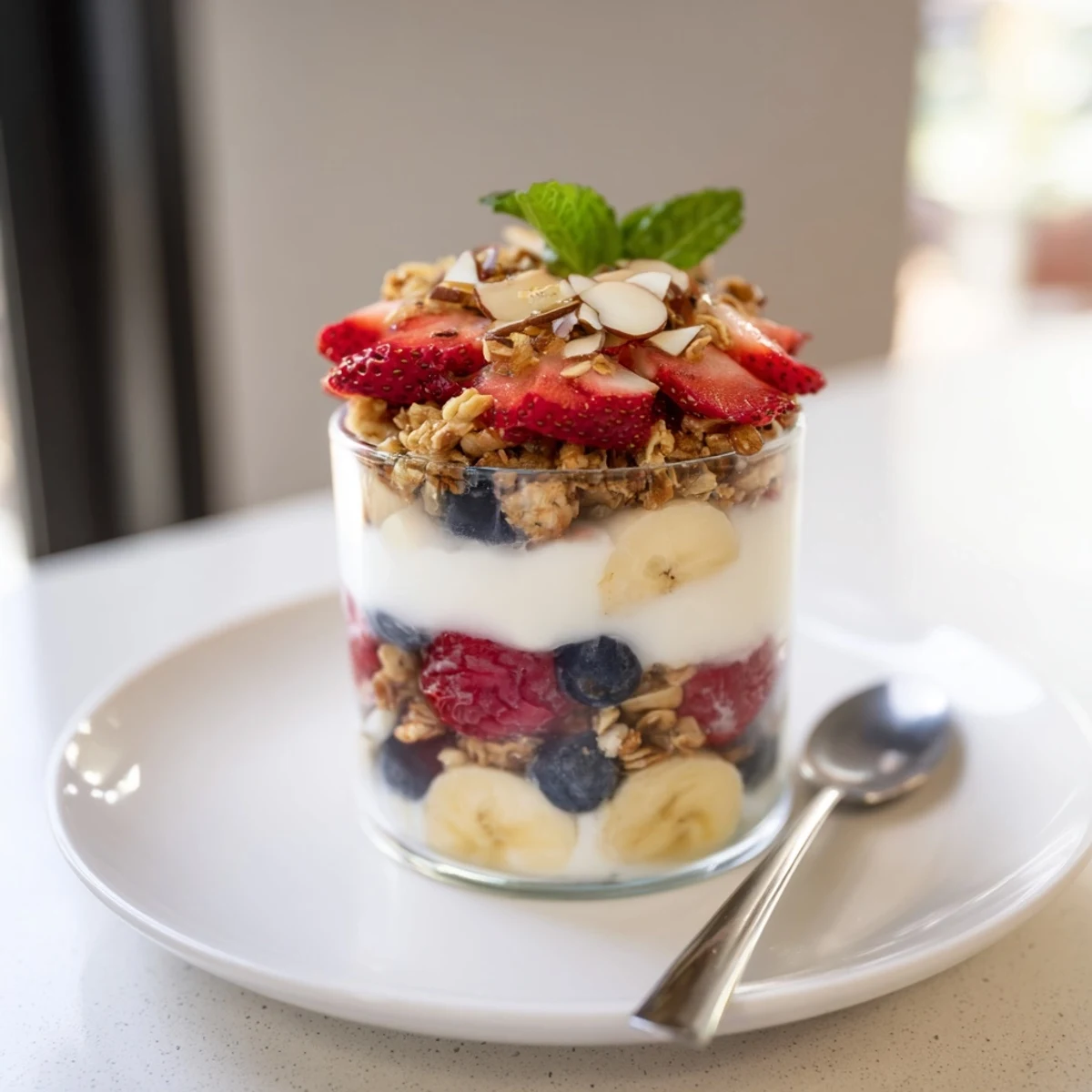 Enjoy a light and delicious Yogurt and Granola Parfait: a colorful, layered glass of breakfast goodness.