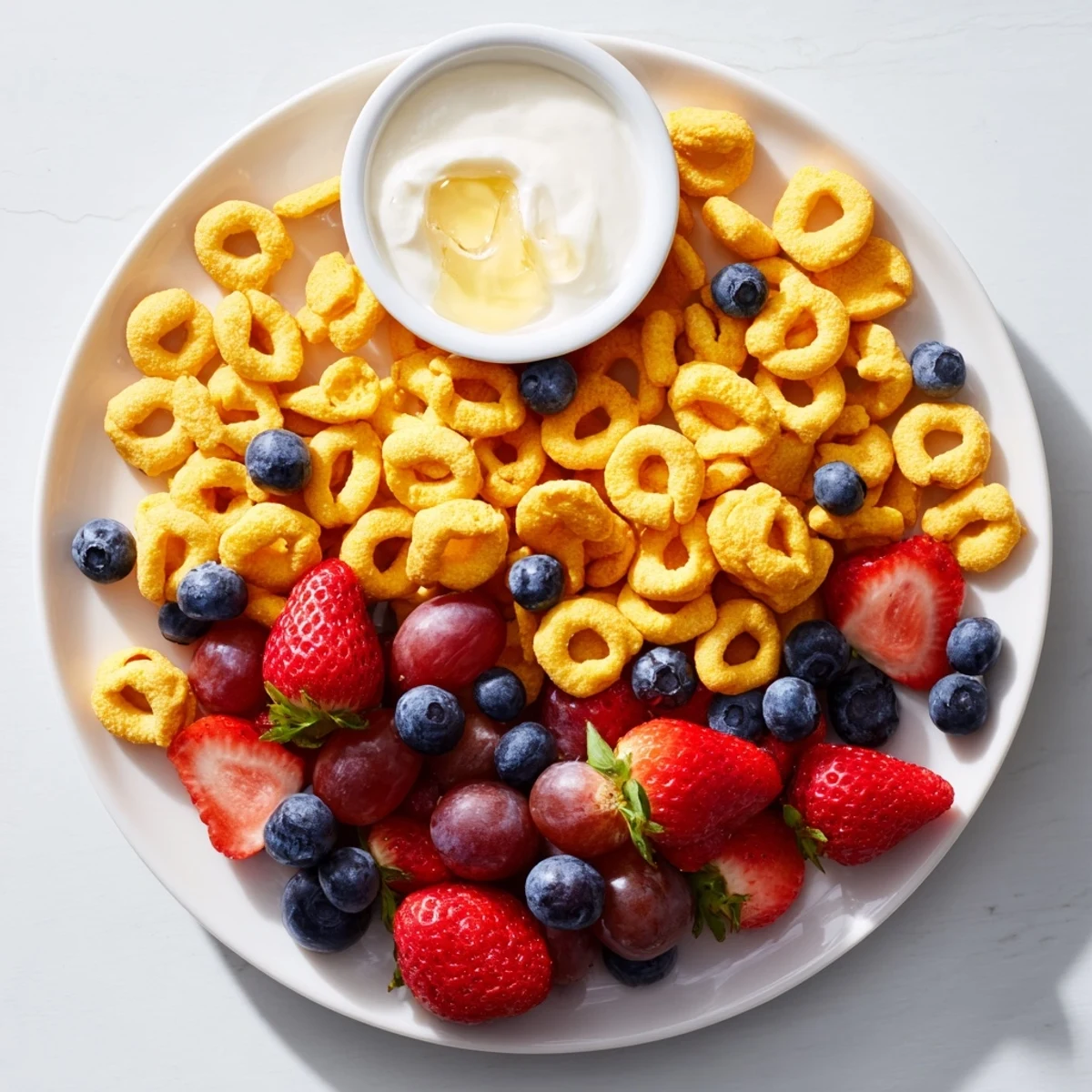 A colorful mound of rainbow Goldfish crackers with grapes and yogurt dip for easy snacking.