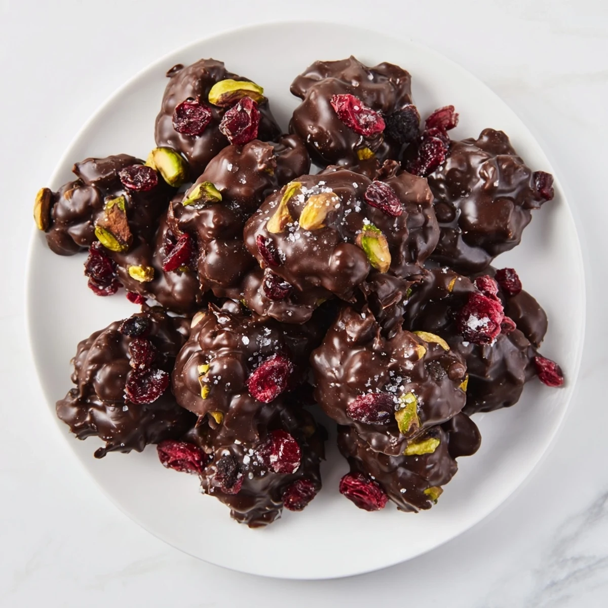 Golden clusters of Pistachio and Dried Cranberry Clusters, perfect for a sweet and nutty snack.