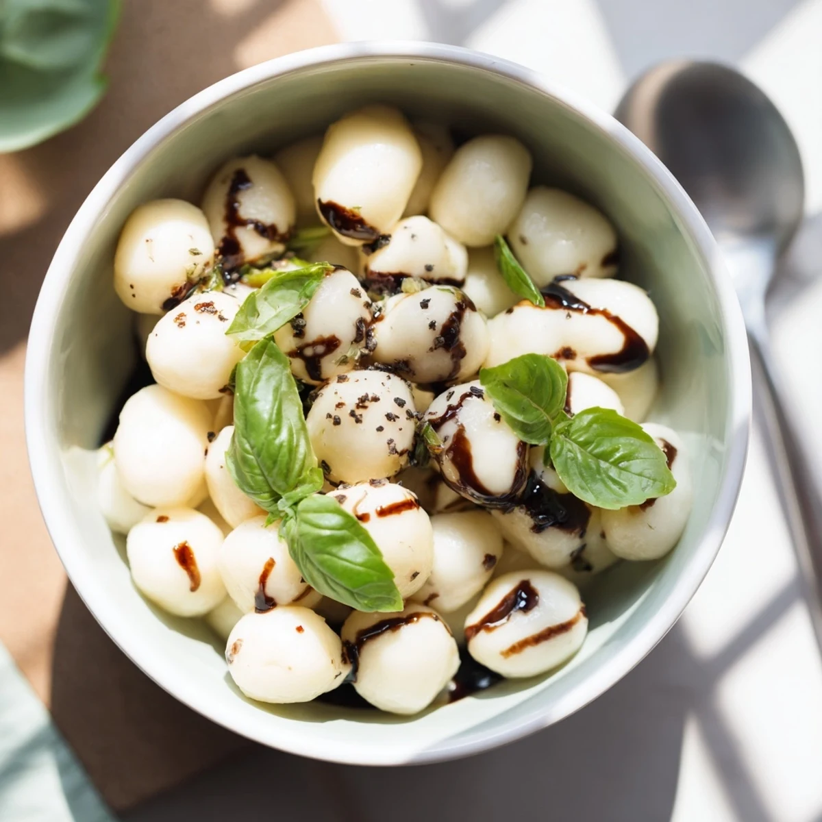 Bright photo of Simple Mozzarella Pearls, glistening with olive oil, ready for a quick and easy appetizer.